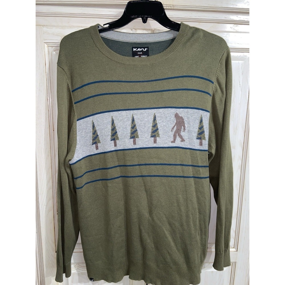 KAVU Sweater Mens XL Green Bigfoot Sasquatch Pine Tree Stripe Crewneck Pullover